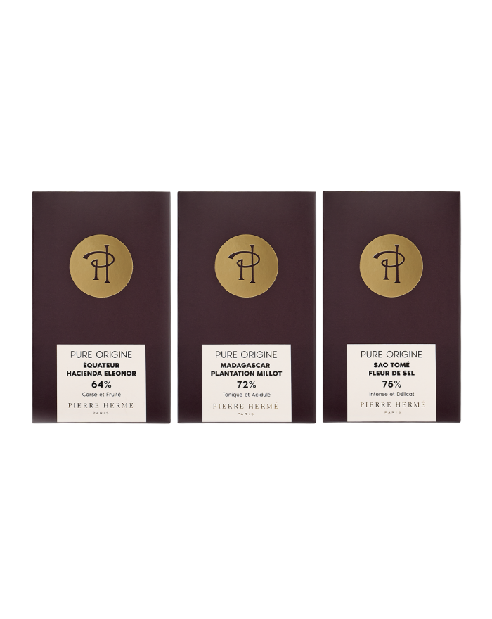 Assortiment de trois tablettes de chocolat noir Pure Origine Pierre Hrmé Paris