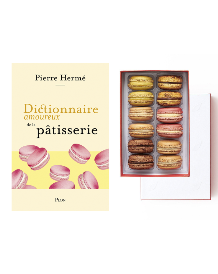 Coffret de 12 macarons et livre Dictionnaire Amoureux de la Pâtisserie Pierre Hermé Paris